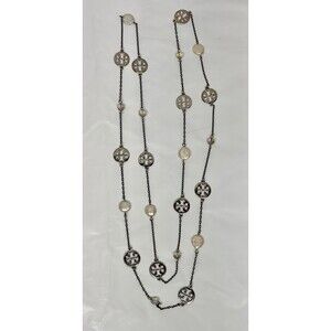 Tory Burch Necklace Station Coin Pearl Extra Long Logo Medallion Silver Tone